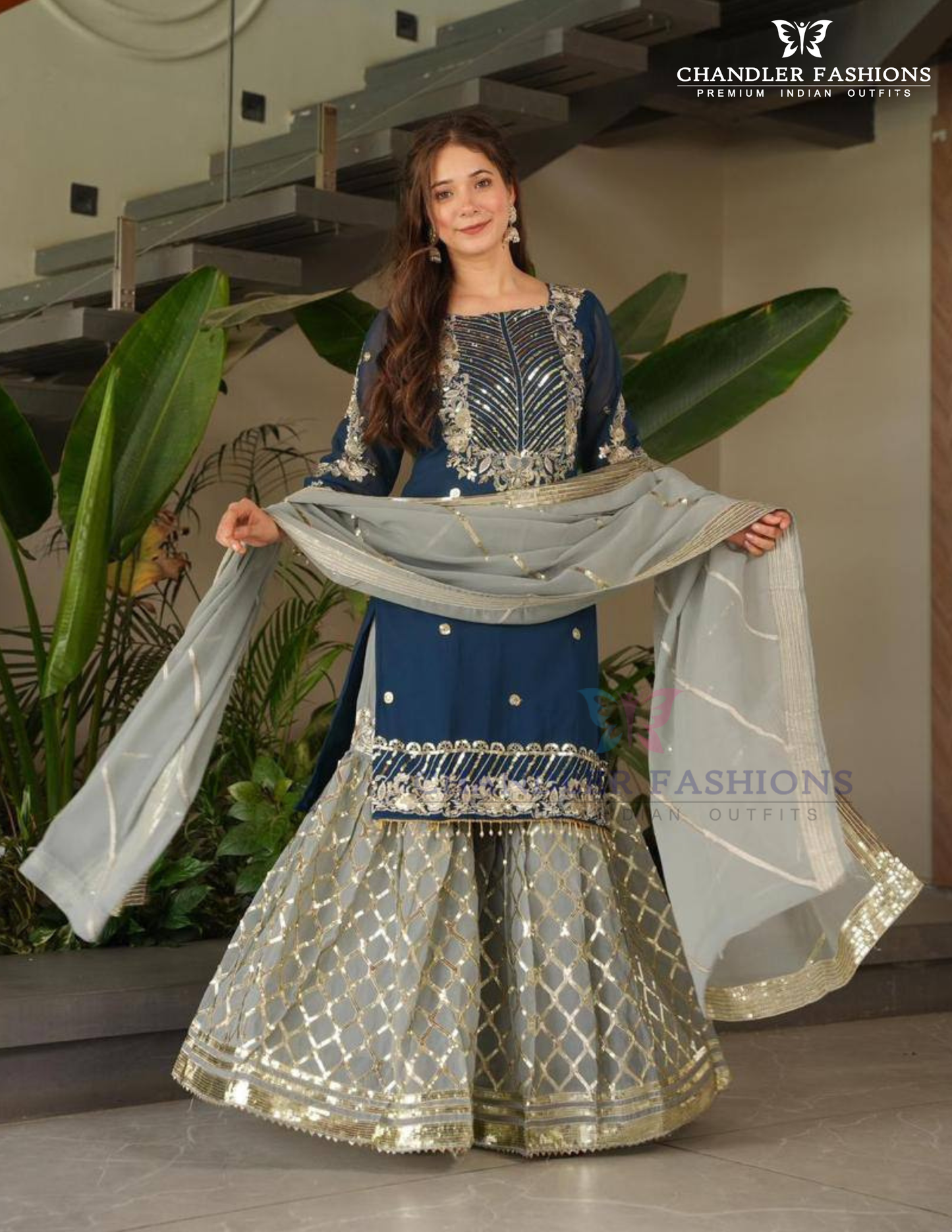 Attractive Blue Color Georgette With Embroidered Sequins Work Sharara Suits In USA
