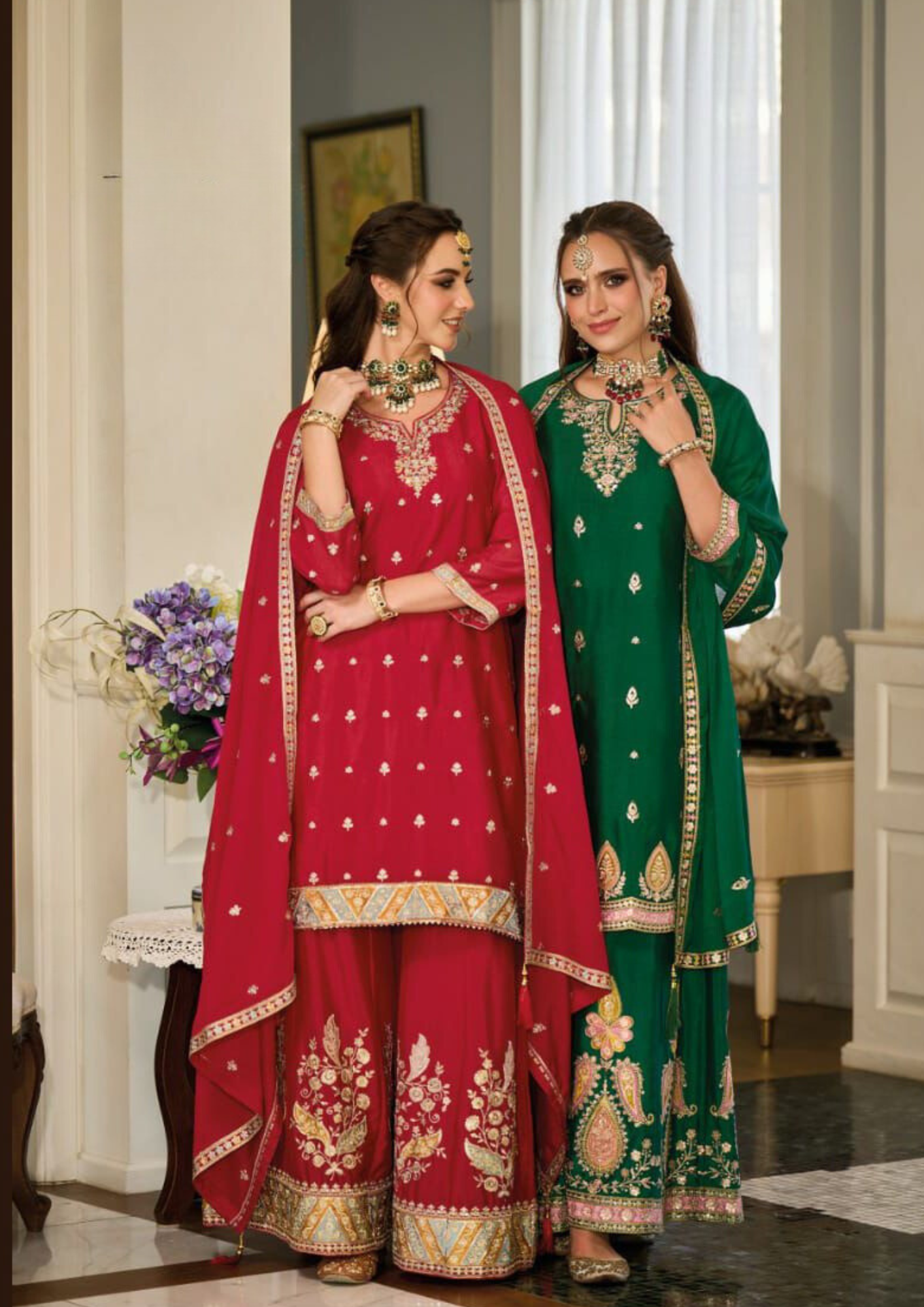 Alluring Green Color Chinon With Embroidery Palazzo Suits With Dupatta In USA