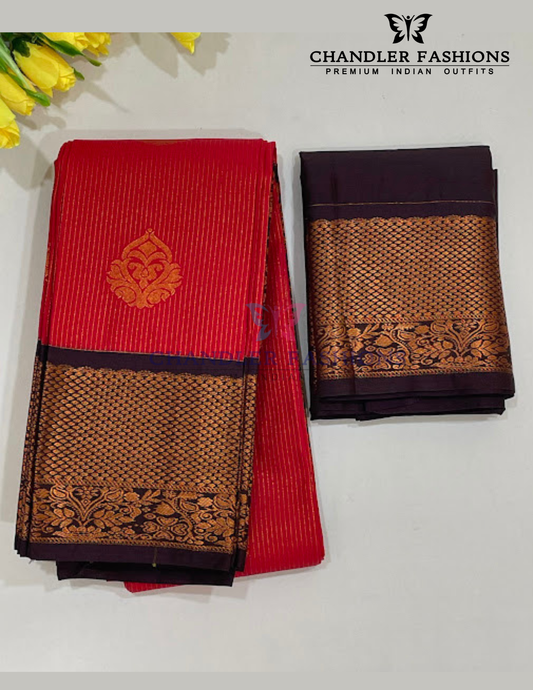 Fabulous Red Color Pure Kanchi Silk With Beautiful Brown Color Flower Motifs Border And Gold Zari Work Saree For Women