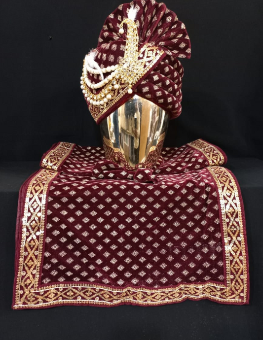 Attractive Maroon Color Sequins And Beads Work Wedding Turban For Men