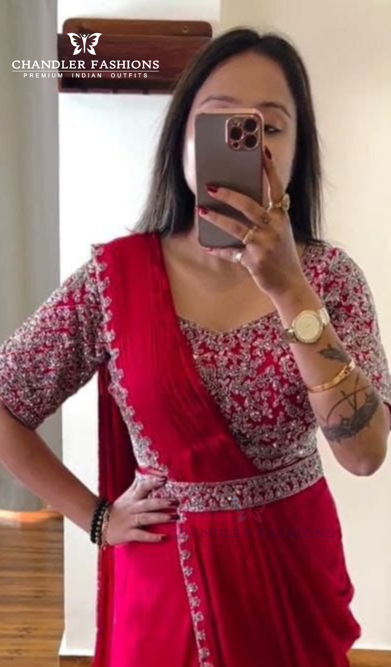 Charming Red Color Embroidery Work Belt With Chinon Ready To Wear Saree Near Me