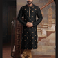Magnificent Black With Gold Colored Embroidery Work Slub Silk Kurta With Pajama Set
