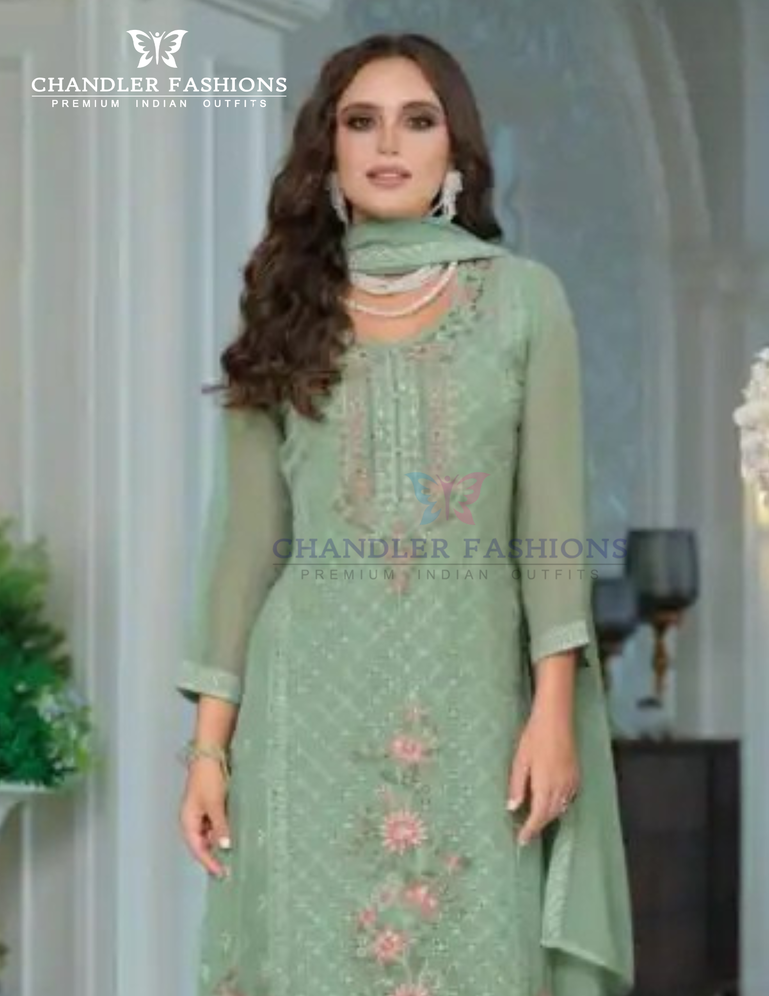 Light Green Color Chinon With Embroidery Work Salwar Suits Near Me