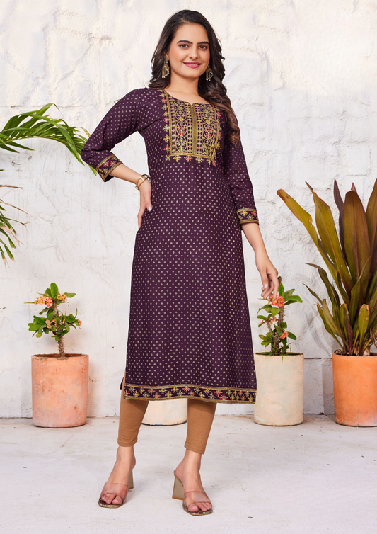 Lovely Purple Colored Rayon Kurti With Zari & Thread Embroidery Work