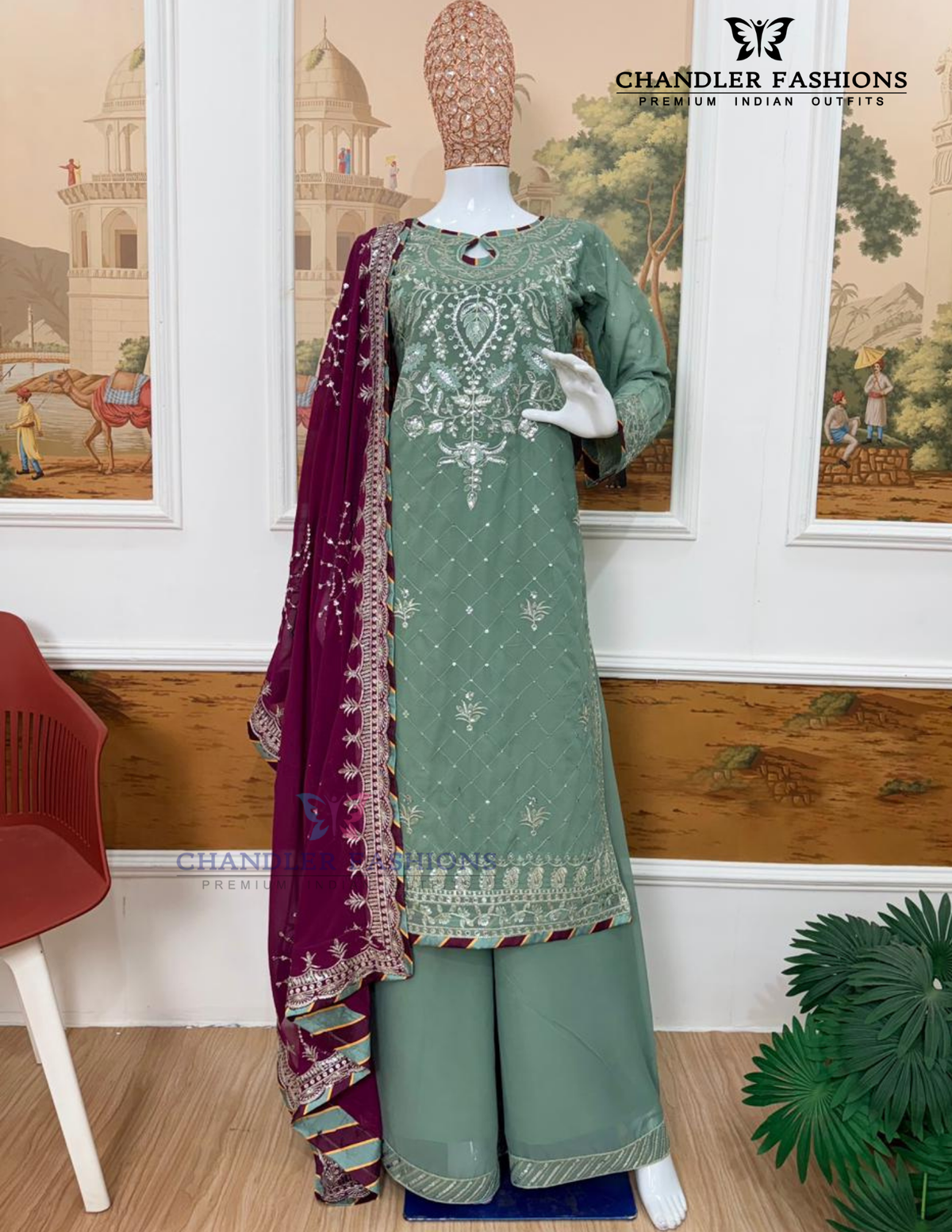 Light Green Color Georgette With Embroidery Work Palazzo Suits In USA