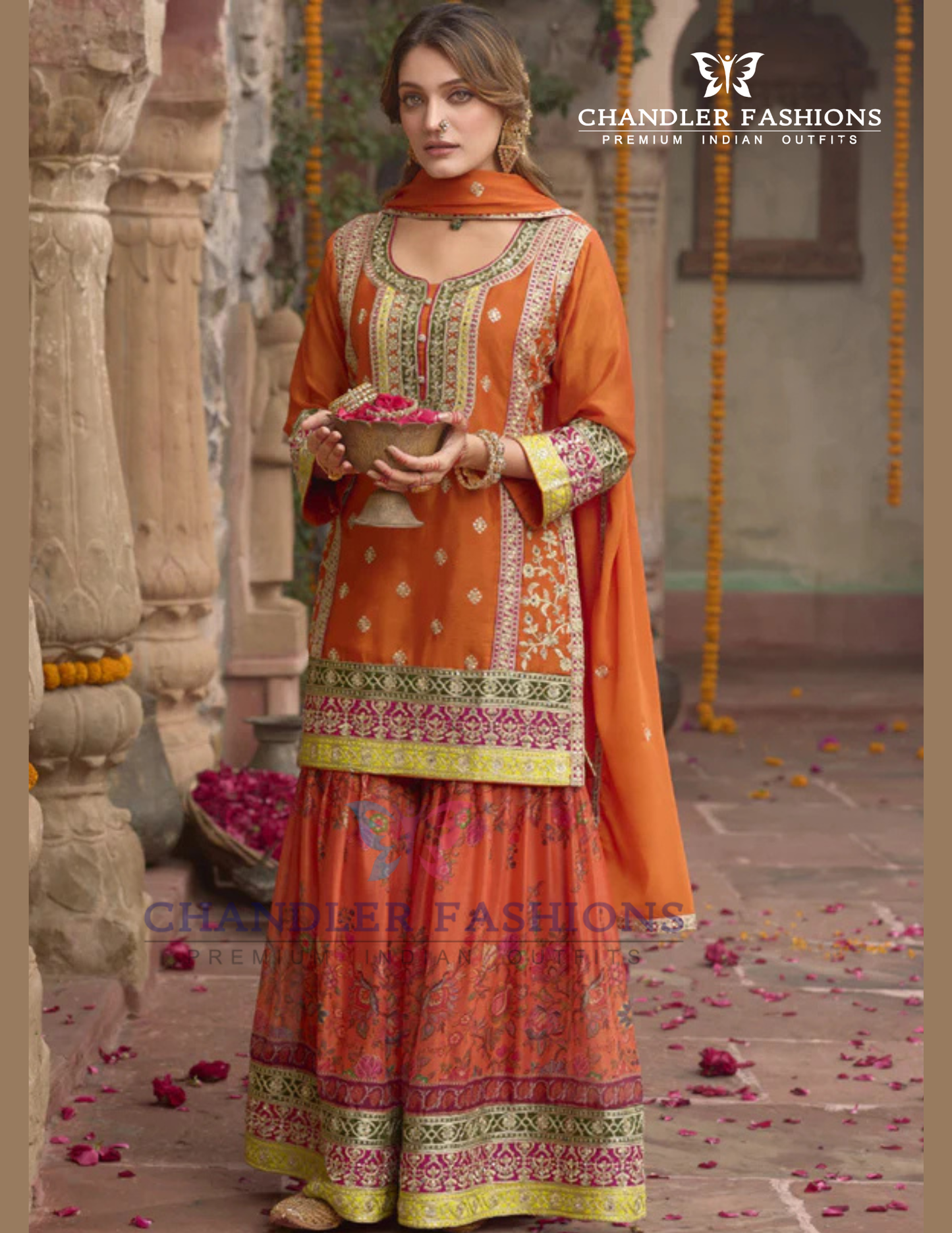 Orange Color Heavy Chinon With Embroidery Work Palazzo Suits And Dupatta Near Me