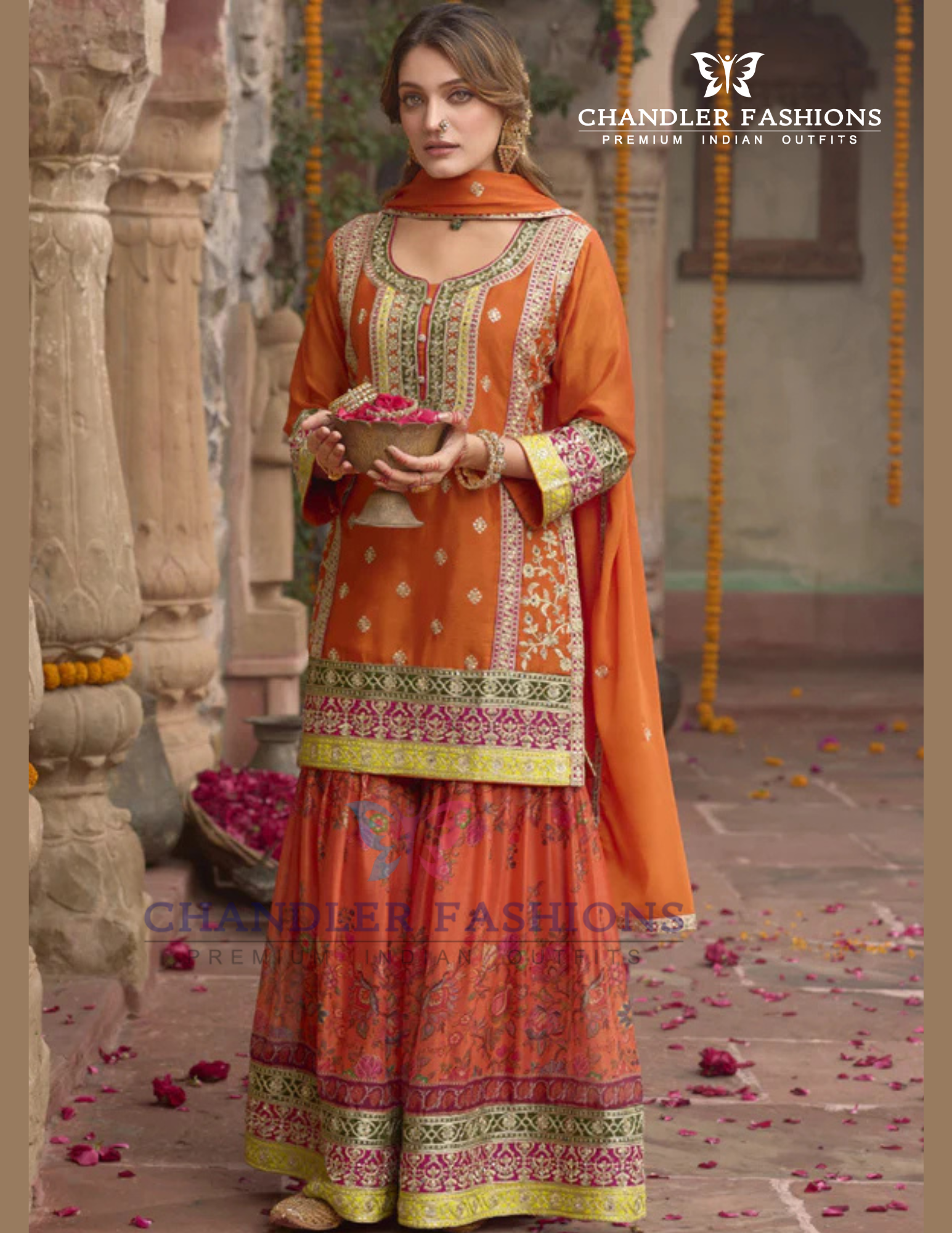 Orange Color Heavy Chinon With Embroidery Work Palazzo Suits And Dupatta Near Me