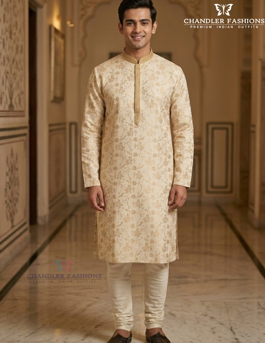 Beautiful Ivory Colored Brocade With Lining Embroidery Work Kurta Pajama Pant For Men