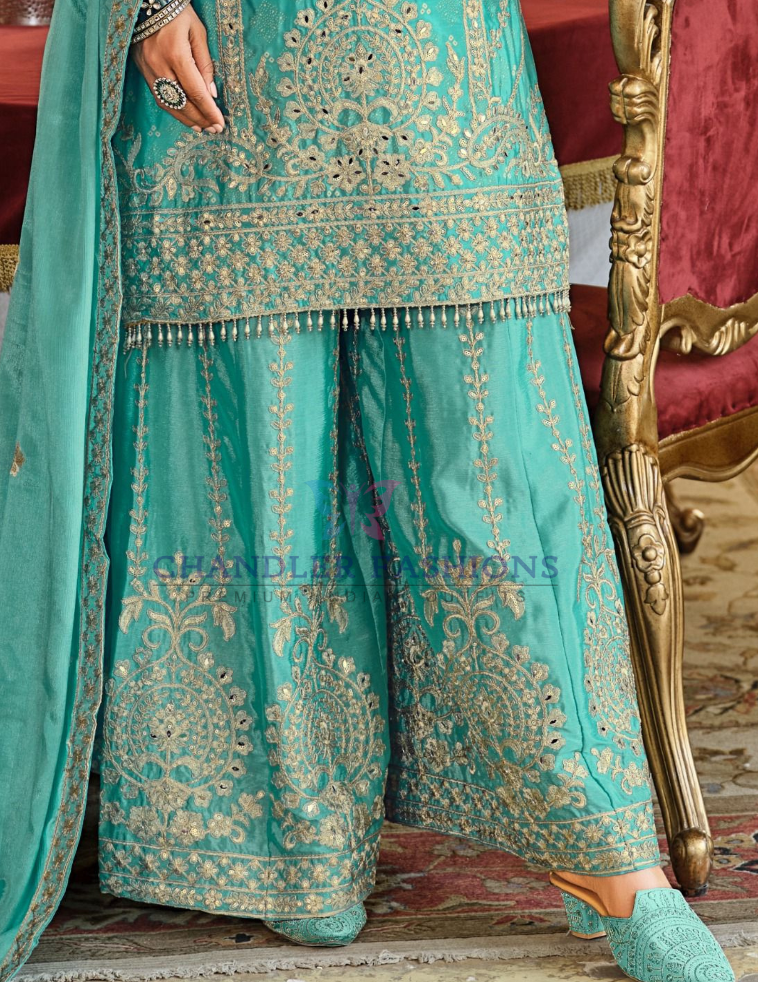 Sea Green Color Chinon With Digital Print And Embroidery Work Palazzo Suits In Chandler