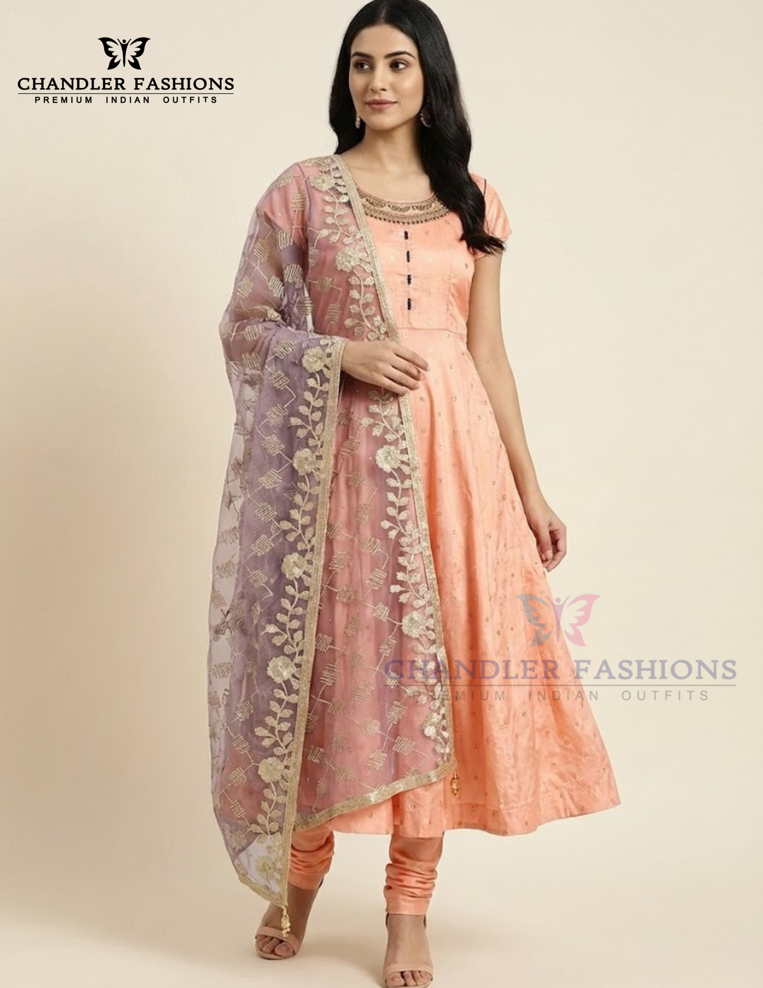 Beautiful Peach Color Kurti Suit With Blue Color Dupatta For Women