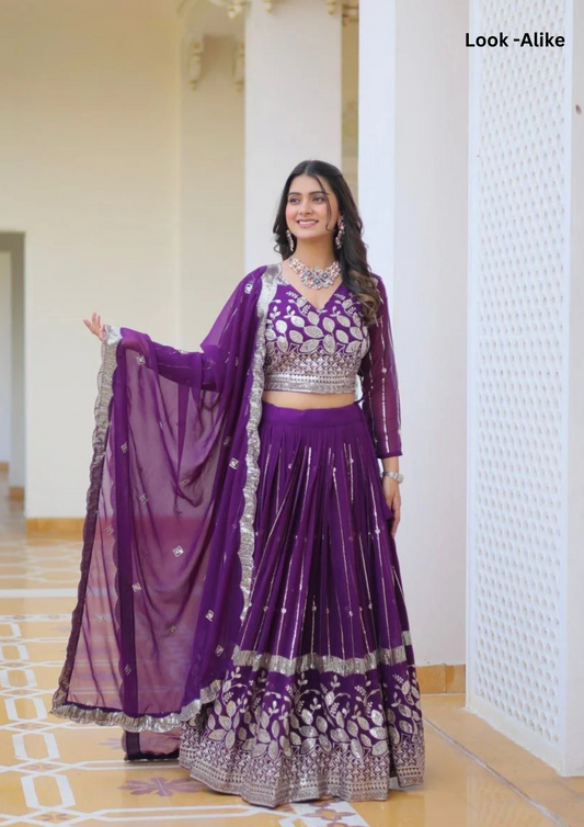 Attractive Purple Color Heavy Faux Georgette Embroidered With Sequins Lehenga Choli For Women