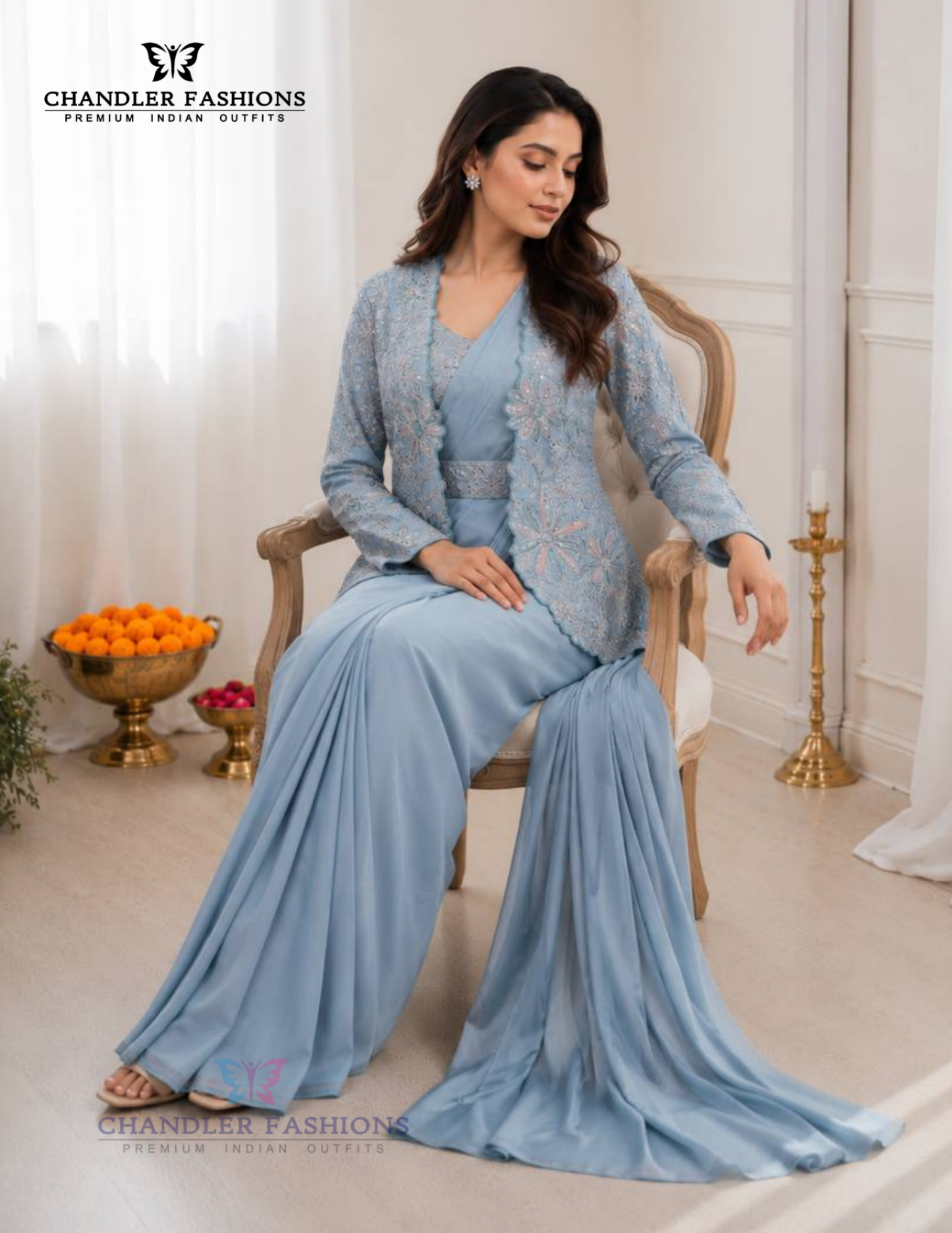 Light Blue Color Embroidery Work Ready To Wear Saree Near Me