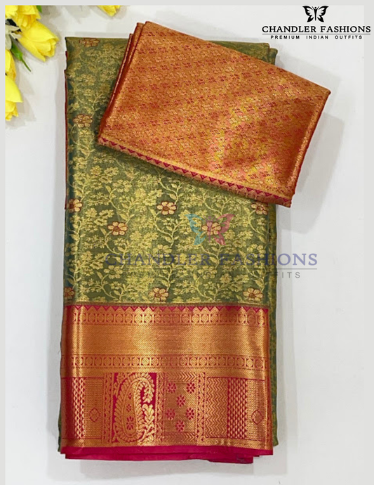 Attractive Green Color Pure Kanchi Silk With Floral Motifs And Pink Color With Paisely Motifs Pallu Design Gold Zari Work Saree For Women