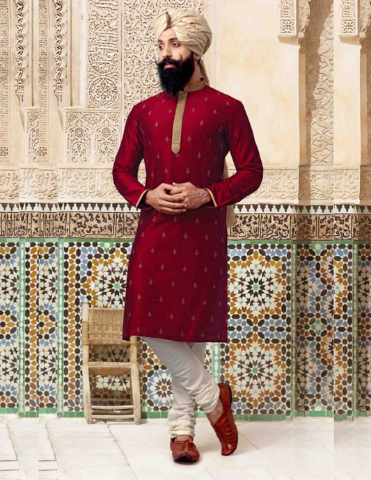Delightful Maroon Color Embroidery Work Slub Silk Kurta With Pajama Set For Men