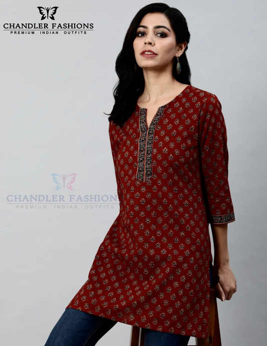 Wonderful Dark Red Color Cotton With Printed Work Short Kurti For Women
