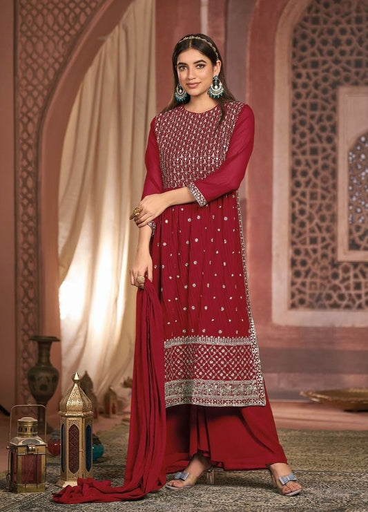 Red Georgette Embroidered Party-Wear Designer Palazzo Suits For Women