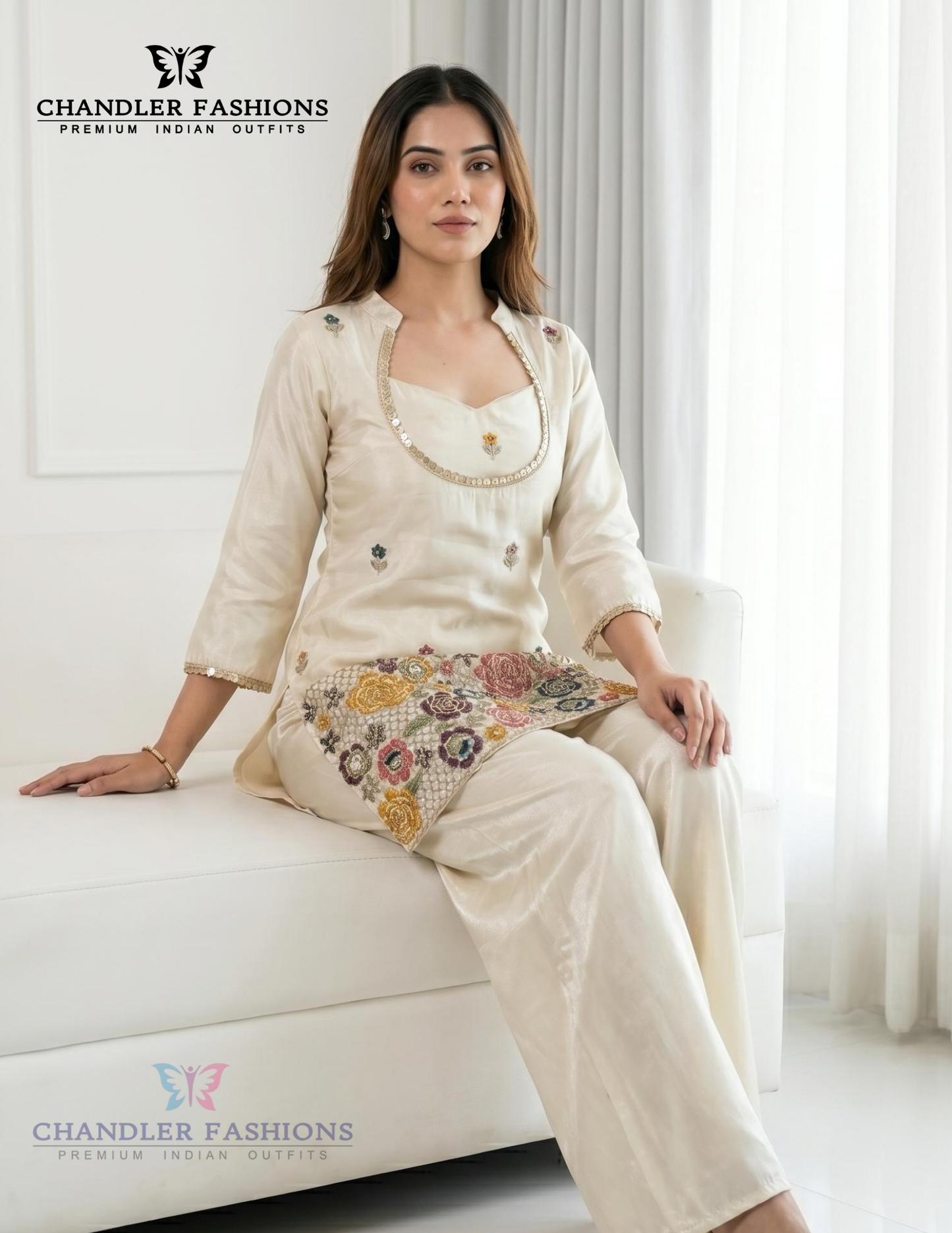 Attractive Off White Color Shimmer With Embroidery Work Palazzo Suits For Women
