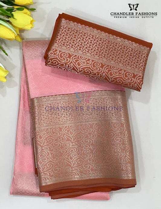 Pretty Light Pink Color Pure Kanchi Silk Floral Motifs With Orange Border And Silver Zari Work Saree For Women - SILKMARK CERTIFIED