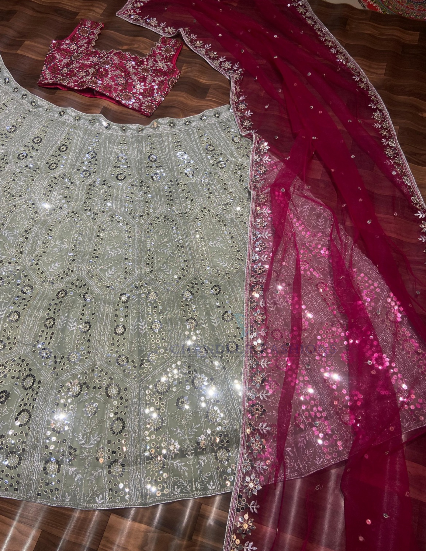 Pretty Pink And Grey Color Georgette Lehenga With Embroidery Work In Mesa