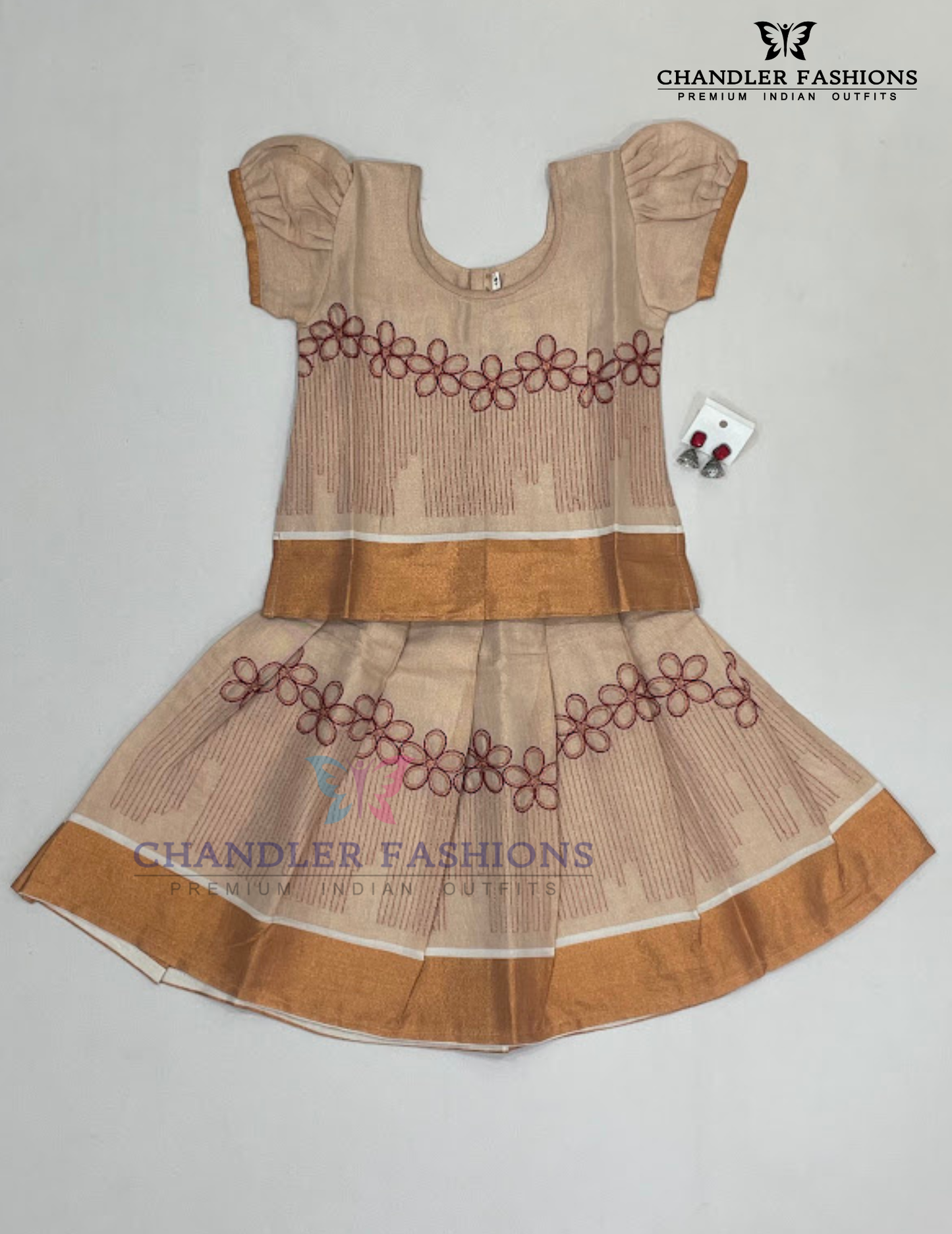 Elegant Copper Color Silk Langa Set With Earrings For Girls