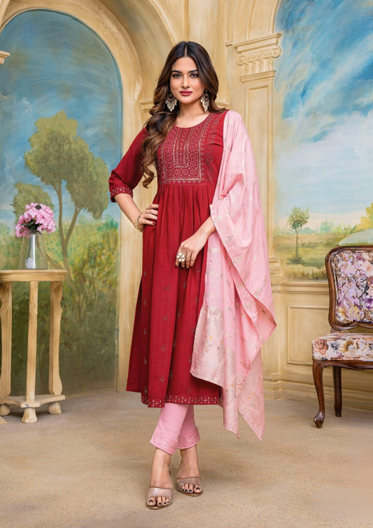 Attractive Red Color Nylon Viscose Kurti And Heavy Lycra Pant With Banarasi Dupatta