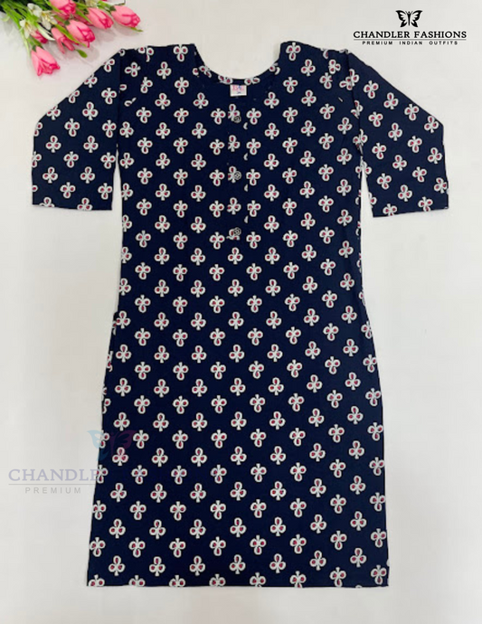 Alluring Dark Blue Color Rayon With Printed Work Kurti For Girls