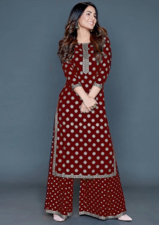 Lovely Maroon Color Gold Printed Rayon Palazzo Suits For Women