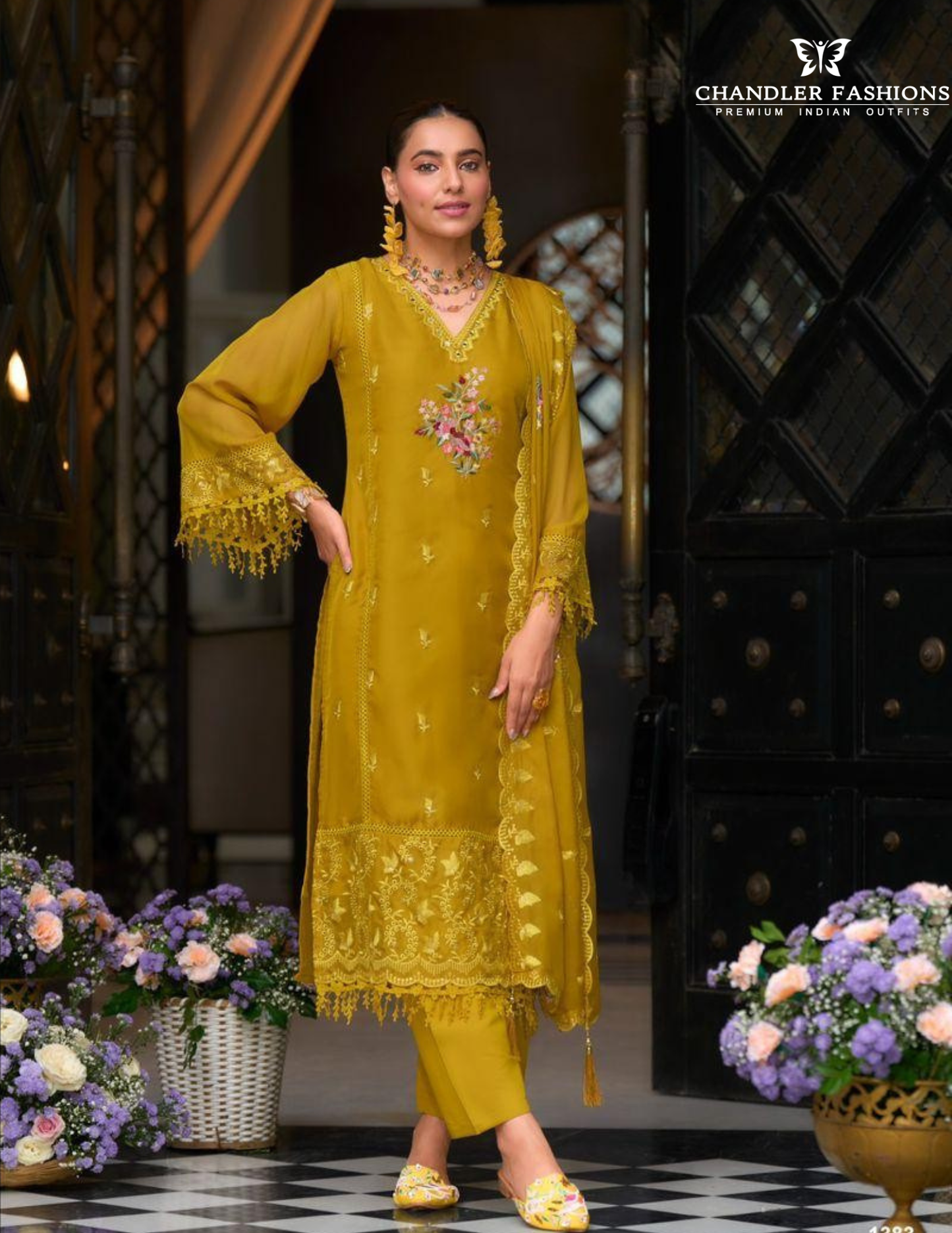 Mustard Yellow Color Soft Blooming Organza With Embroidery And Lace Work Salwar Suits Near Me