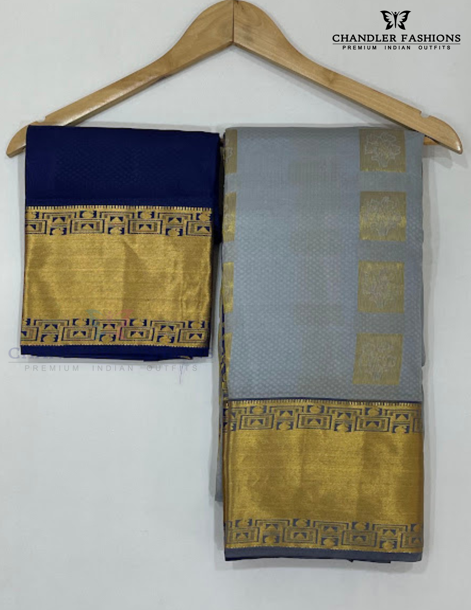 Gray Color Pure Kanchi Silk With Gold Zari Work And Blue Pallu Saree In USA