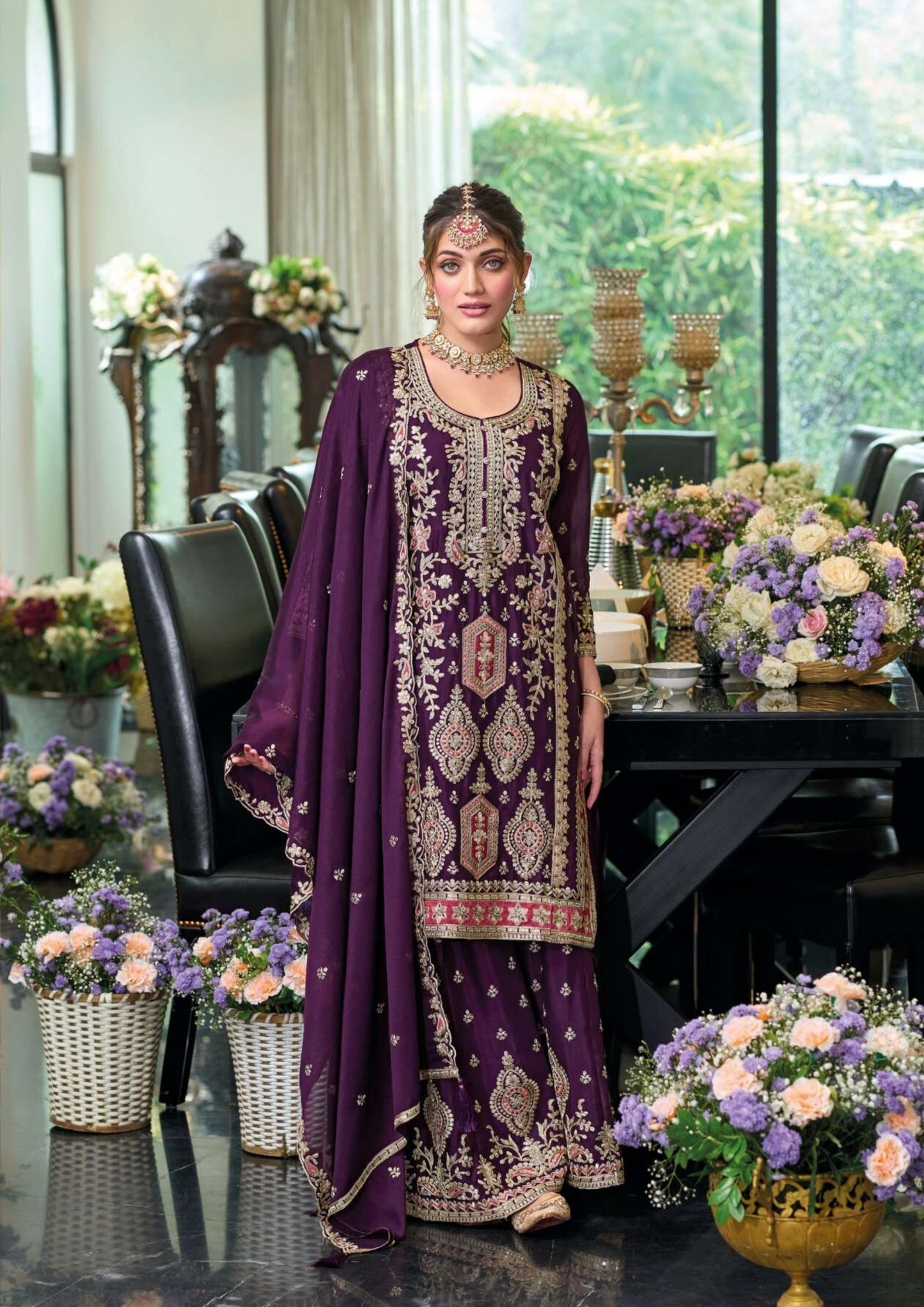 Amazing Purple Color Party Wear Heavy Chinon Palazzo Suits 