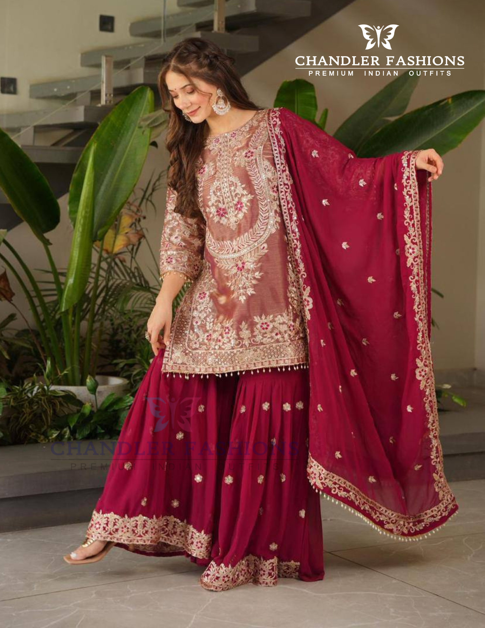 Maroon Color Crazy Silk Embroidery Sequins Work Palazzo Suits Near Me