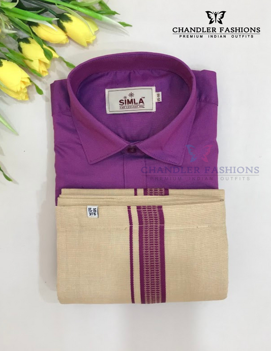 Attractive Purple Color Cotton Shirt With Tissue Zari Work Dhoti Set For Kids