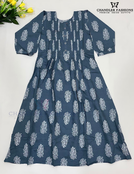 Elegant Gray Color Poly Cotton With Printed Work Kurti For Girls