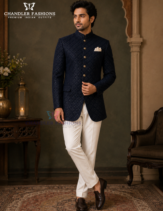 Stunning Blue Color Velvet With Beautiful Embroidery Pocket Design Sherwani With Poly cotton Pajama For Men