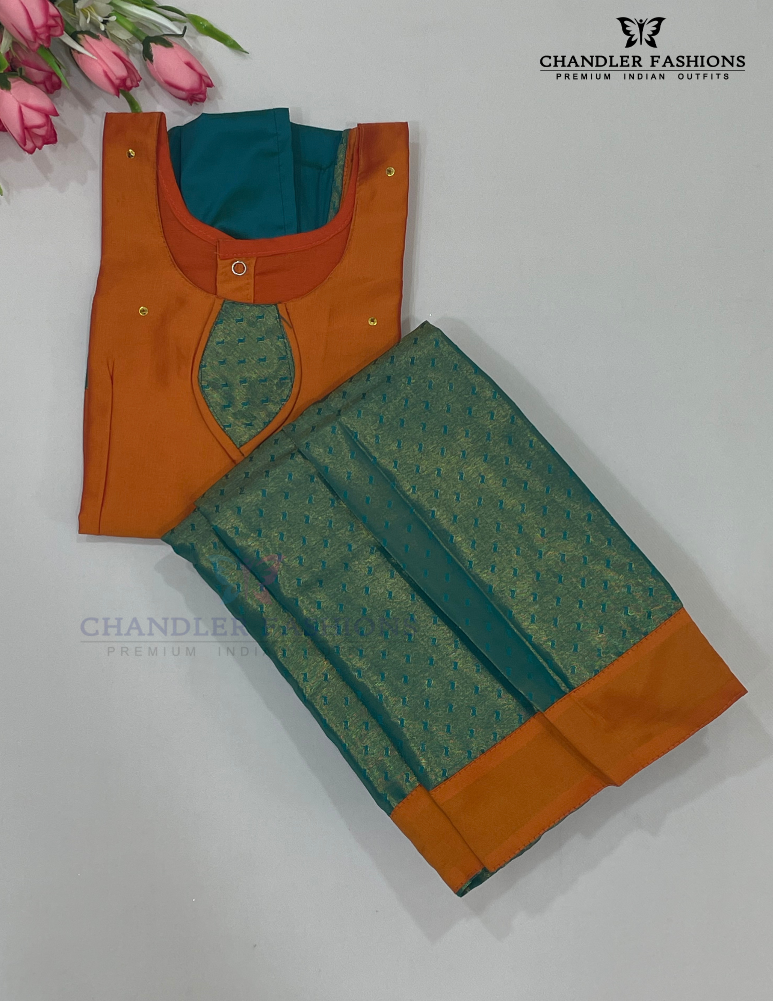 Orange And Green Colored Silk Langa Sets Near Me