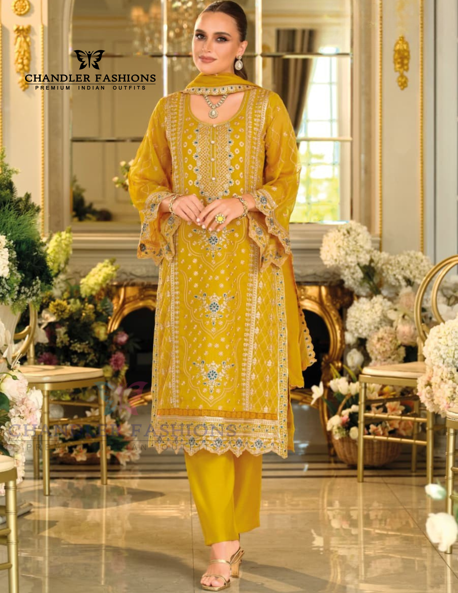 Elegant Mustard Yellow Color Soft Organza And Embroidery Work Salwar Suits With Dupatta