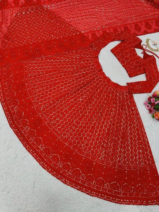 Attractive Red Color Designer Embroidery Georgette Lehenga Choli With Embroidery Dupatta For Women