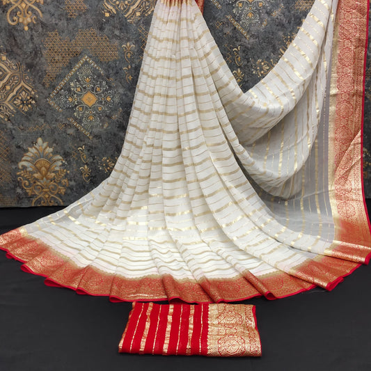 Stunning White Color Pure Georgette Saree With Jacquard Weaving Border And Contrast Blouse