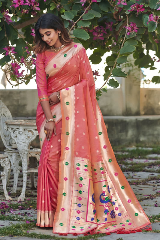 Appealing Peach Color Banarasi Soft Silk Paithani Saree With Zari Border And Zari Pallu