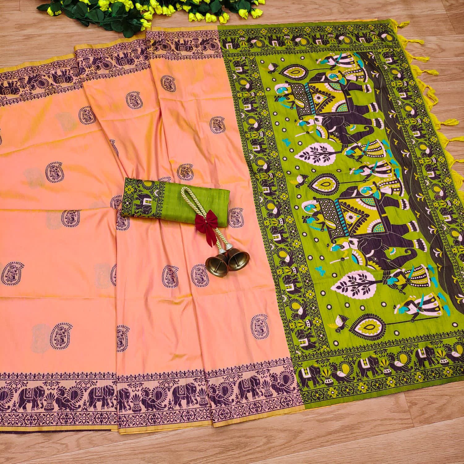 Peach And Green Color Soft Raw Silk Saree With Antique Woven Design Near Me
