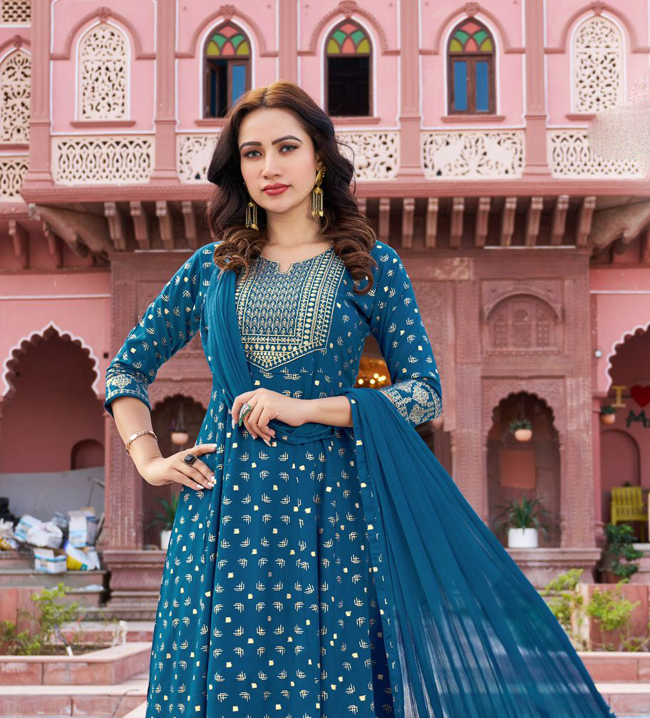 Dazzling Teal Blue Color Rayon Foil Printed And Embroidery work Salwar Suits For Women Near Me