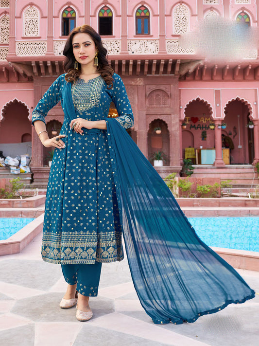 Dazzling Teal Blue Color Rayon Foil Printed And Embroidery work Salwar Suits For Women