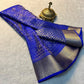 Alluring Ink Blue Colored Silk Brocode Fabric With Zari Work For Women