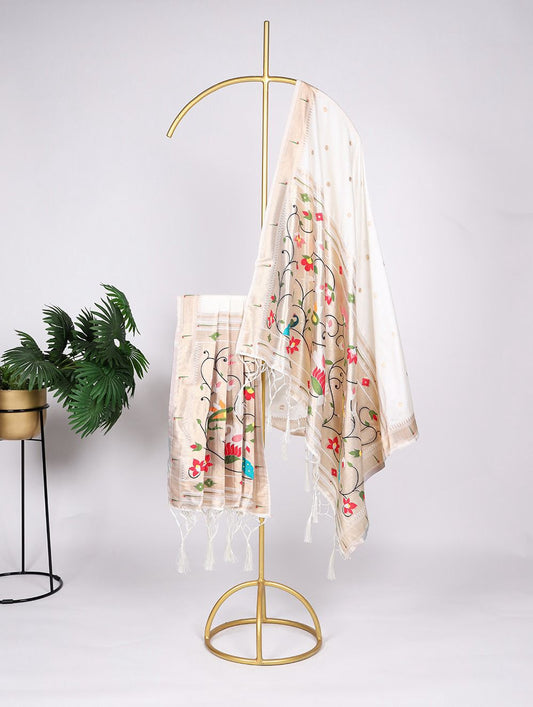 Attractive White Colored Jacquard Silk Weaving Zari Work With Tassels Dupatta For Women