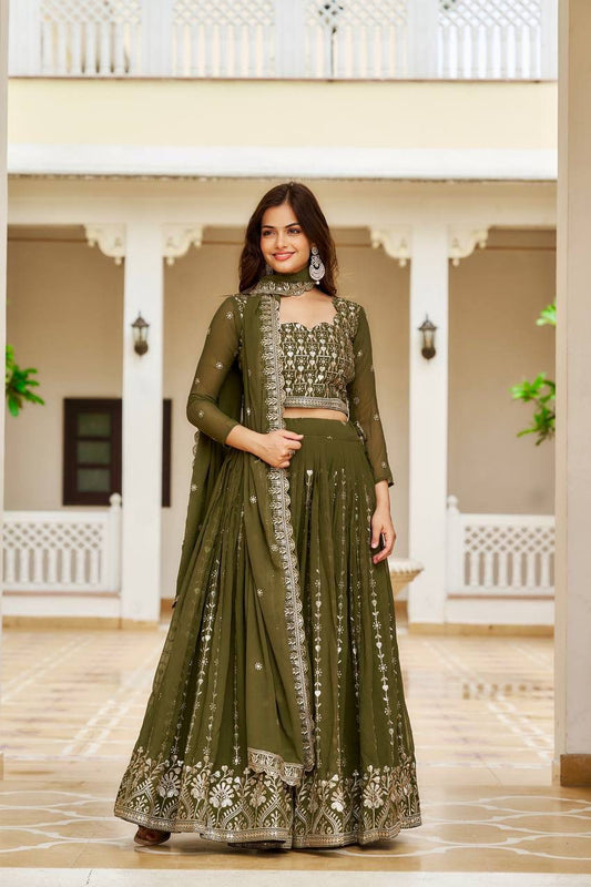 Elegant Olive Green Color Georgette Embroidery Sequins Work Lehenga Choli