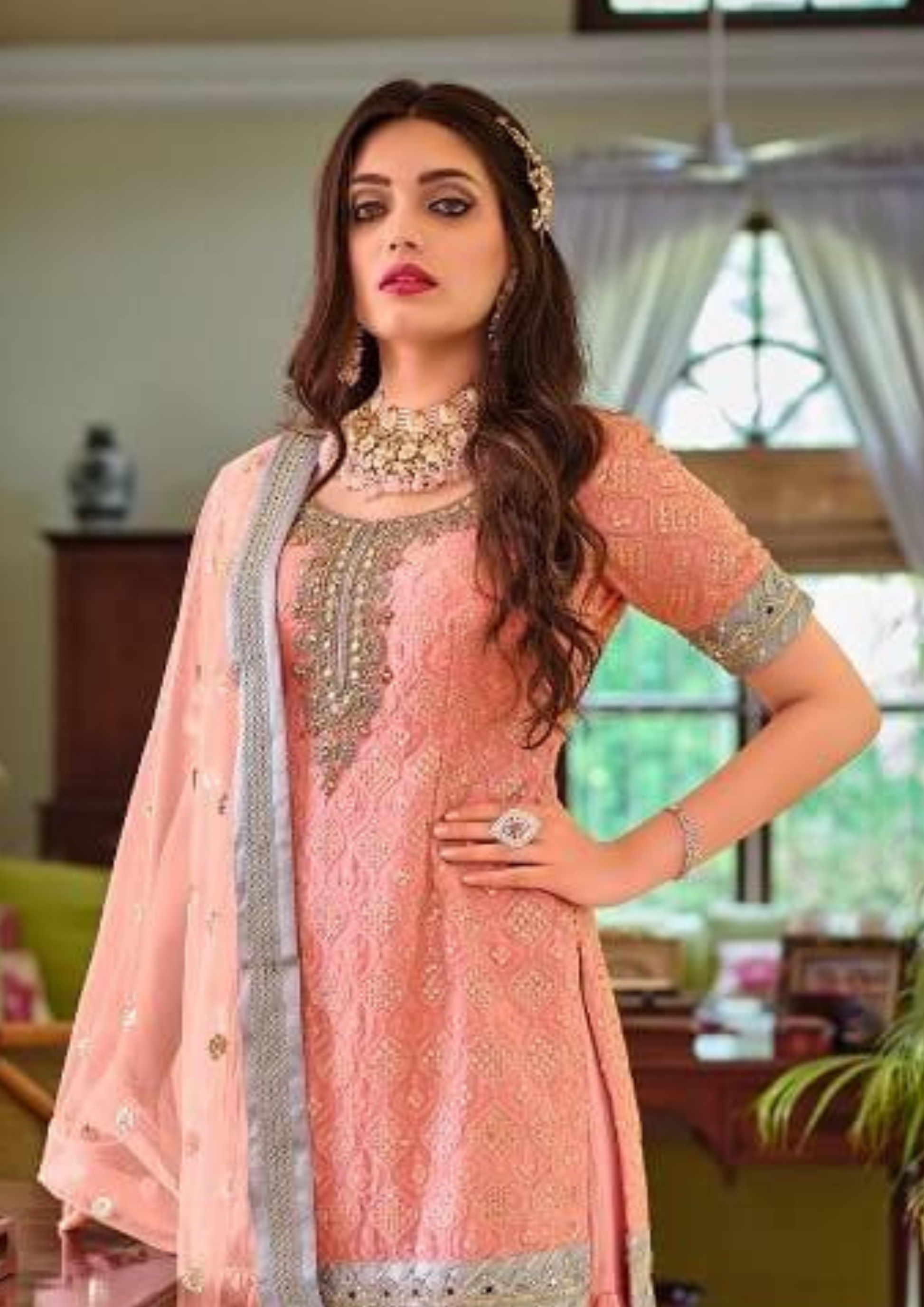 Attractive Peach Color Faux Georgette Palazzo Suits Near Me