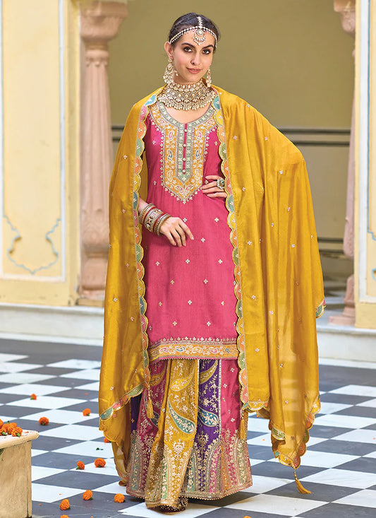 Attractive Premium Silk Pink And Yellow Multi Embroidery Festive Kurti