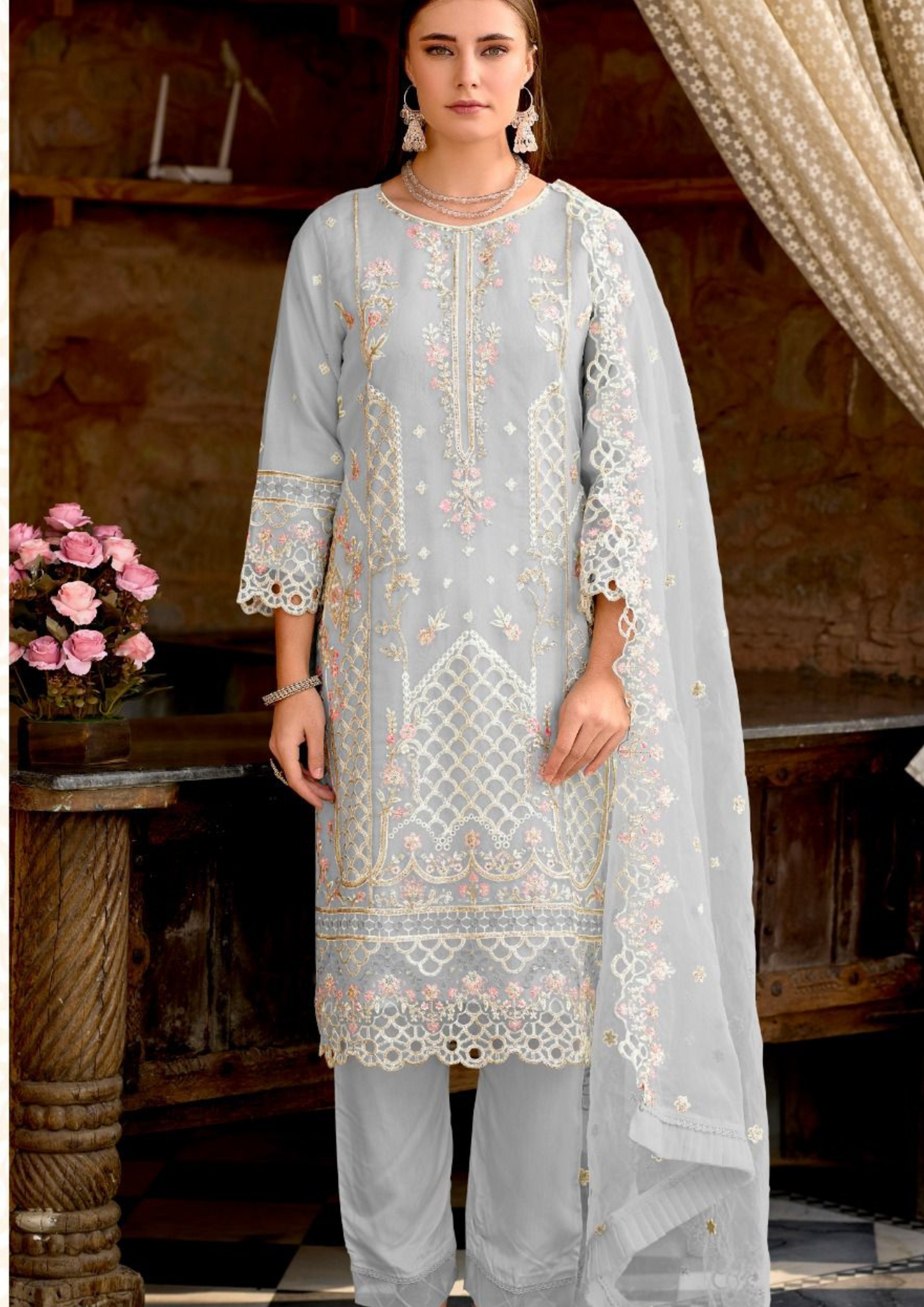 Attractive Gray Color Heavy Organza Salwar Suits For Women