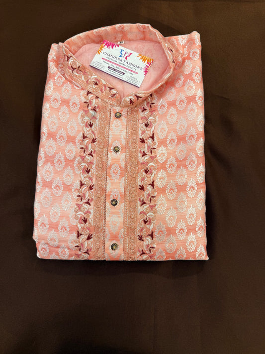Charming Peach Color Silk Full Sleeve Embroidery Work Kurta Pajama Set For Men