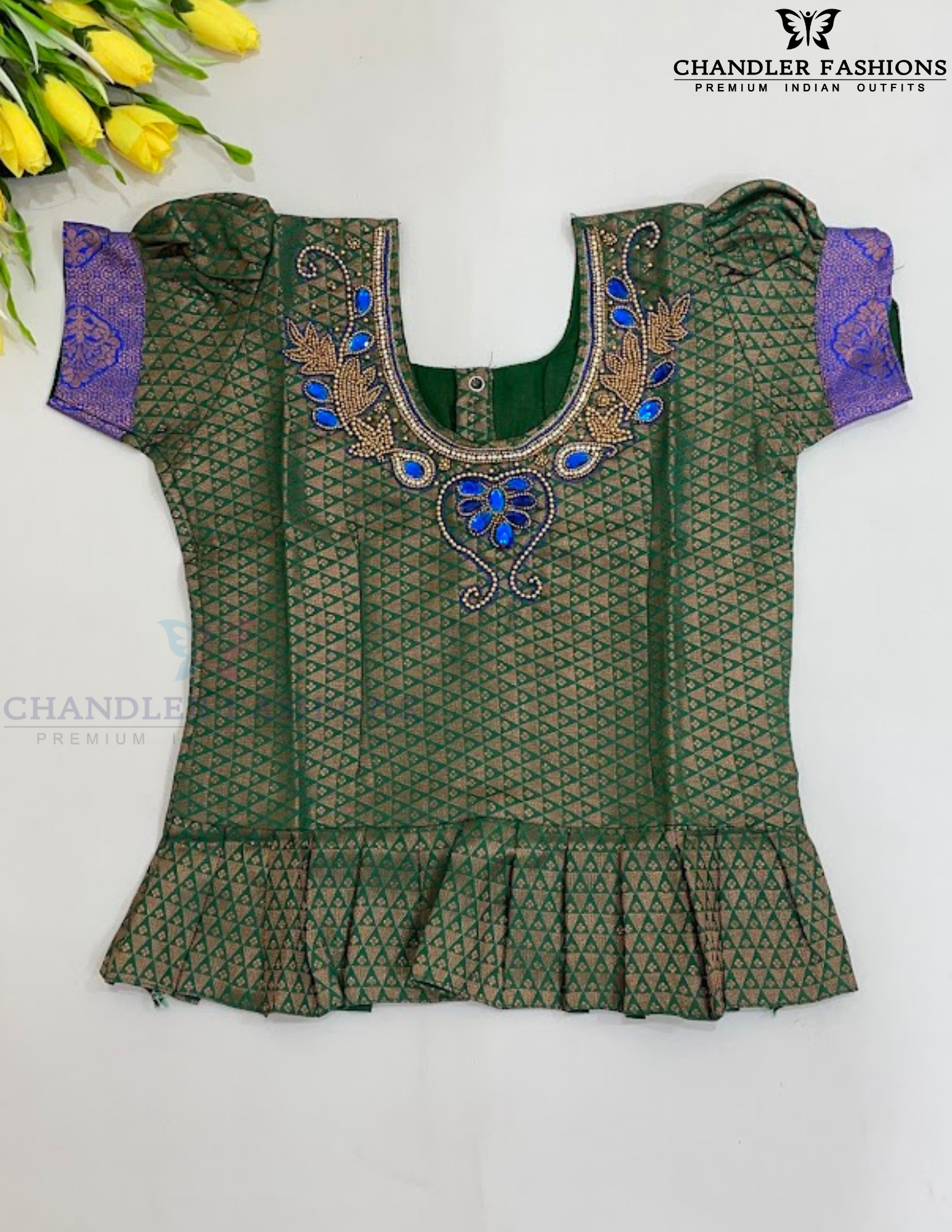 Attractive Green And Blue Color Stone Work With Silk Langa set In Yuma